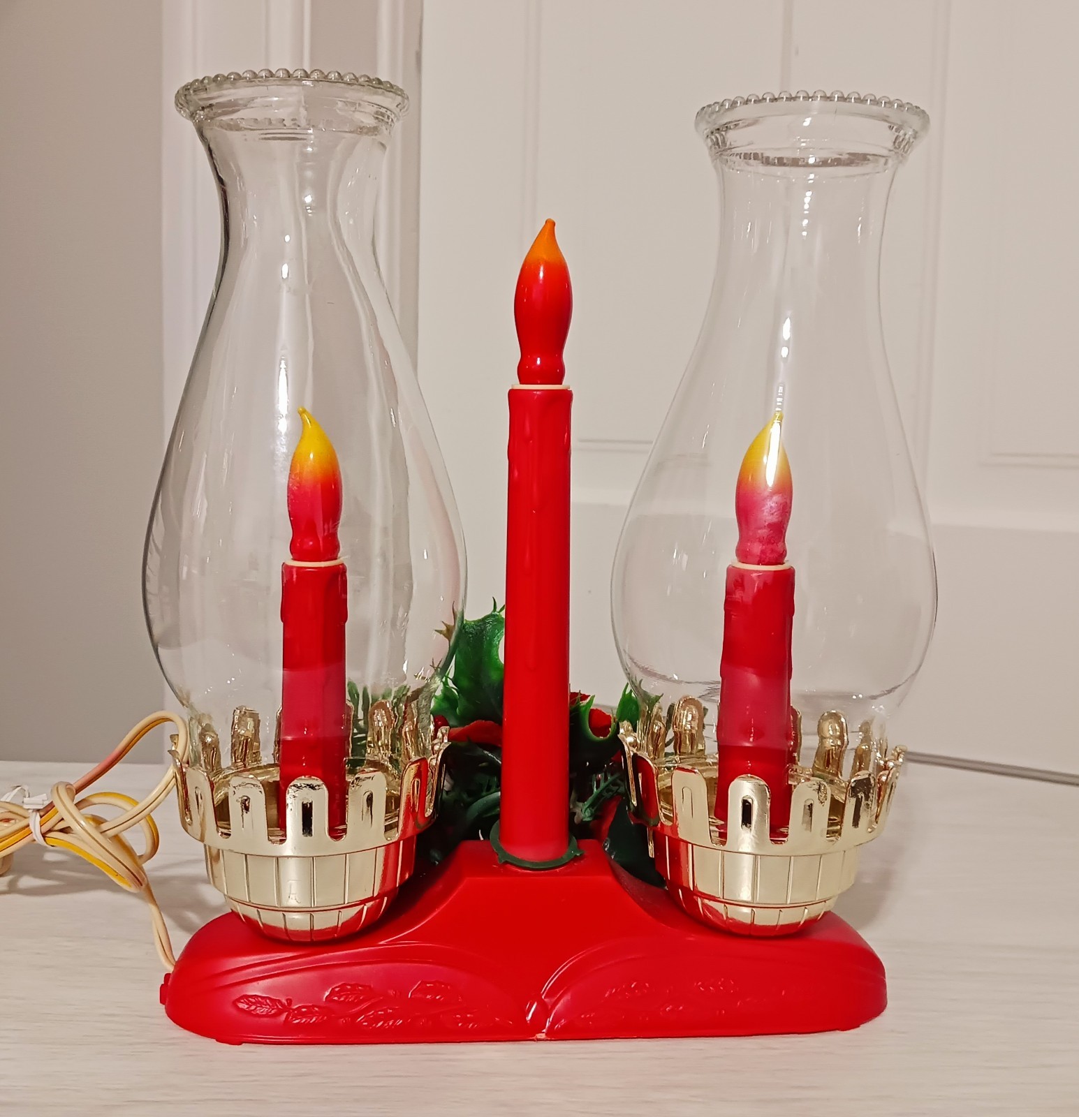 Vintage Christmas Flocked Poinsettia Hurricane Duel Chimney Electric Candle