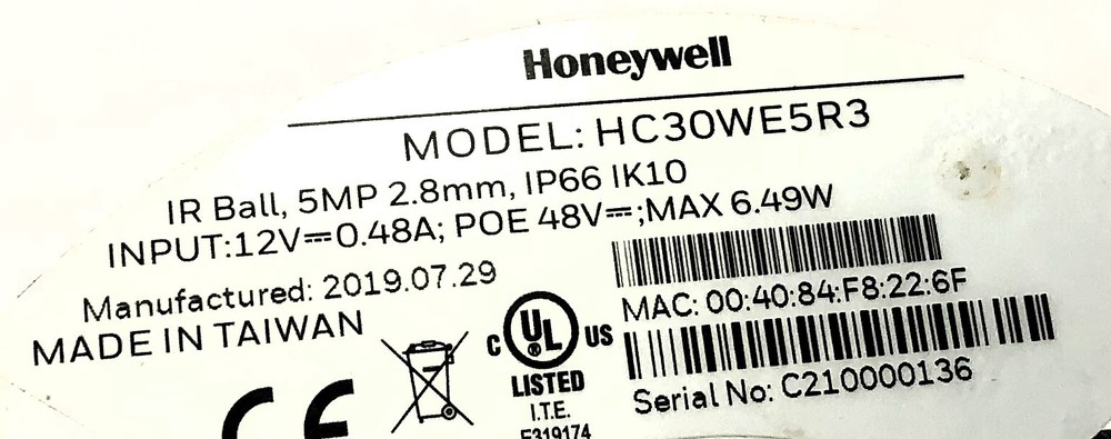 Honeywell Fixed Ball Security Camera (No Mount/Base) (Untested) HC30WE5R3 USED