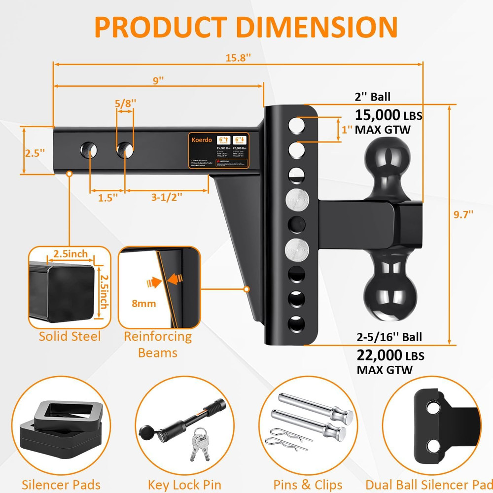Adjustable Trailer Hitch 2.5" Receiver 22K GTW