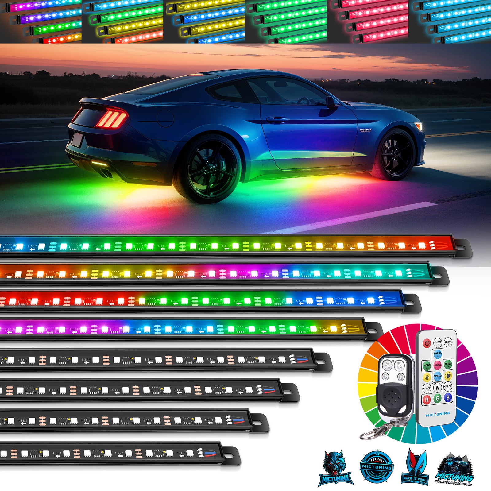 8Pcs RGB+IC Underglow LED Light Bar Car Exterior Neon Kit Underbody Light Strip