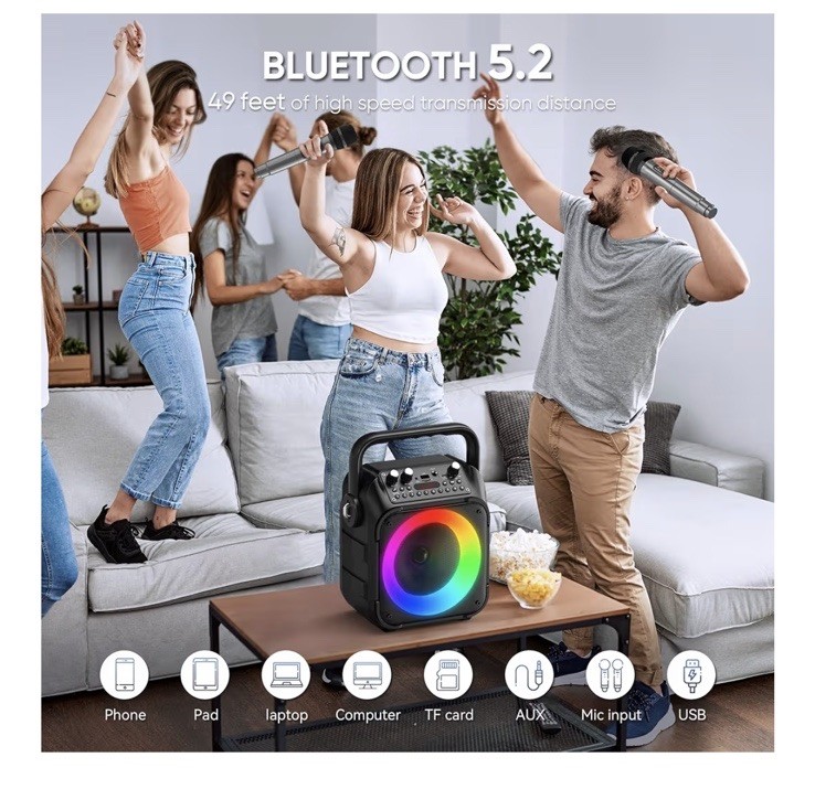 Karaoke Machine, Portable Bluetooth Speaker with 2 Wireless Microphones for