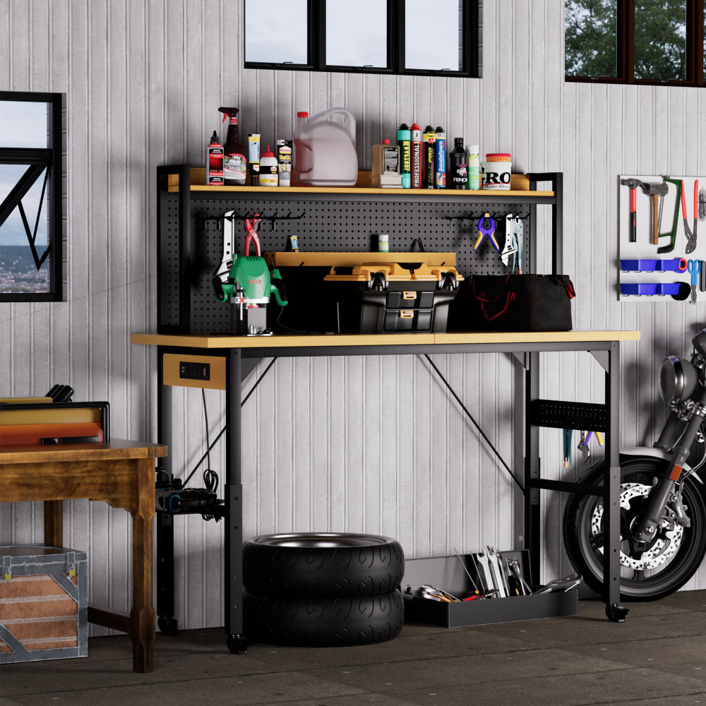 71'' Adjustable Workbench w/ Pegboard, Wheels & Power Outlets
