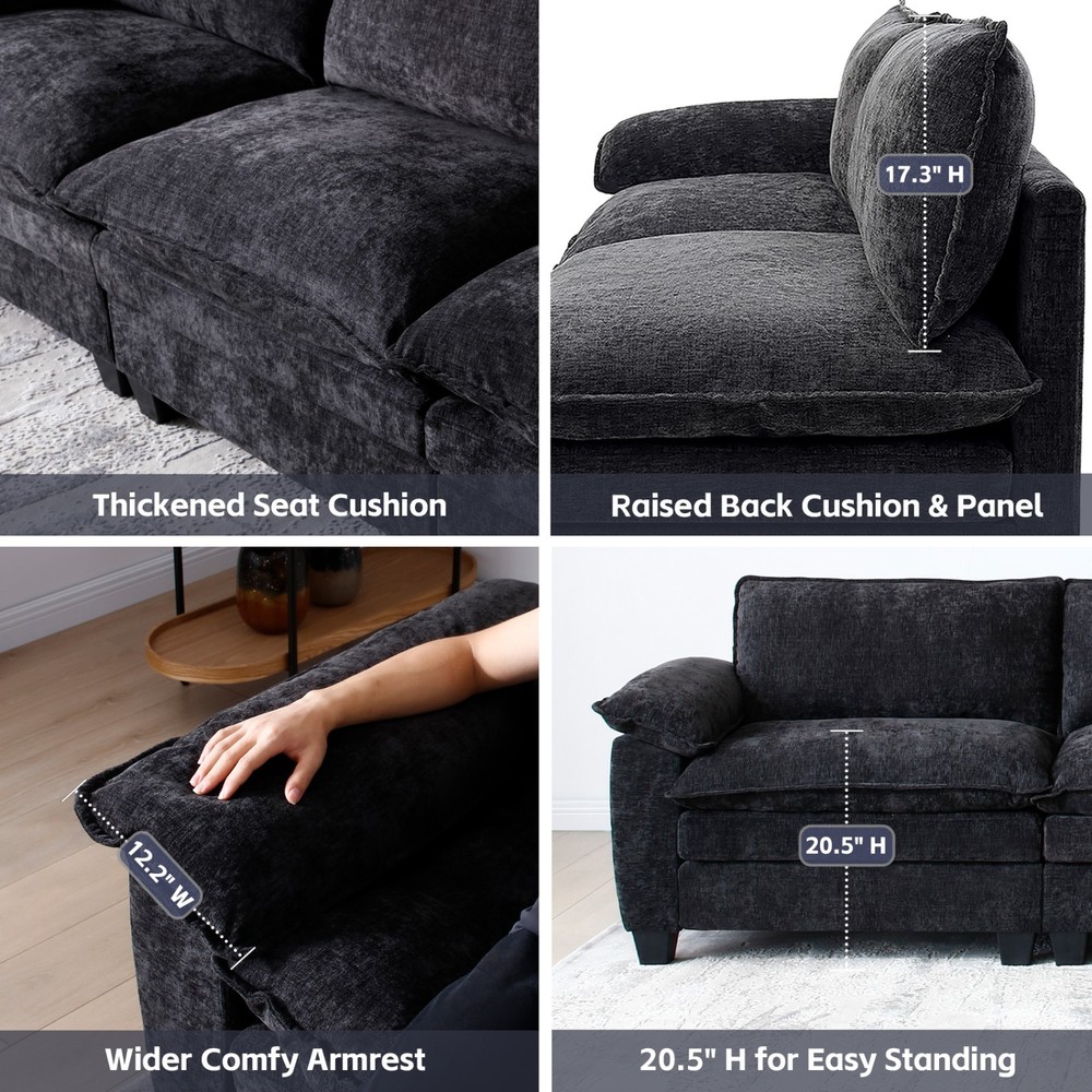 3-Seater L Shape Sectional Sofa Chenille Modular Couch With Movable Ottoman