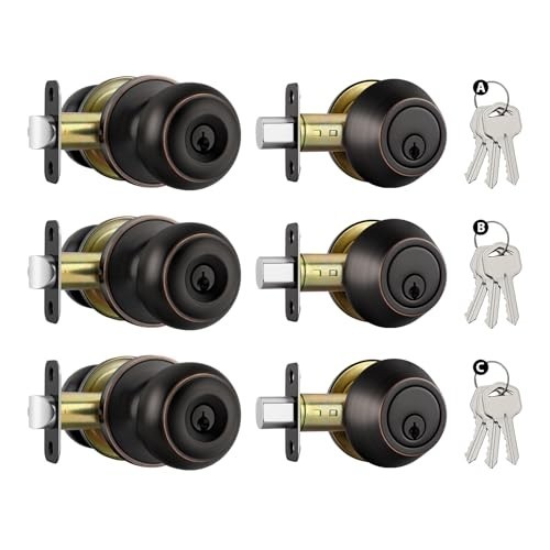 3 Pack Entry Door Lock Set with Deadbolt, Oil Rubbed Bronze Knobs, Keyed Unlike