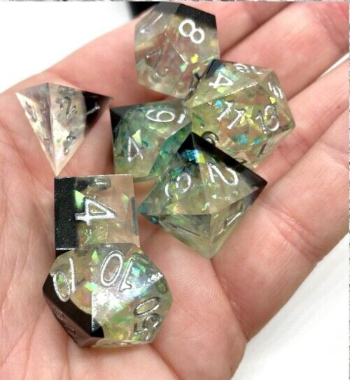 Black & Green Sharp Edge Resin Polyhedral D&D TTRPG Dungeons & Dragons Dice Set