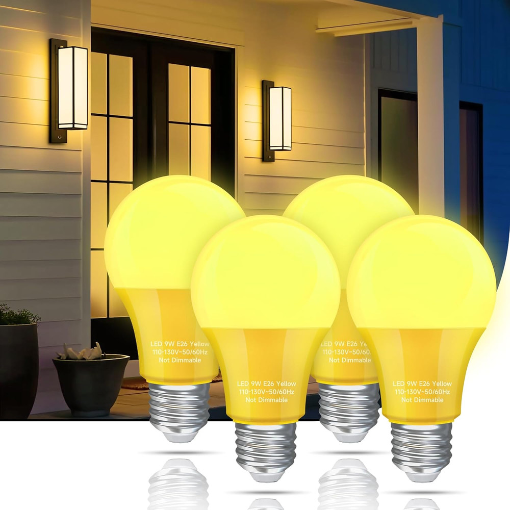 Yellow Bug Light Bulbs Outdoor, A19 LED 9W Amber Yellow, E26 Base, 4 Pack