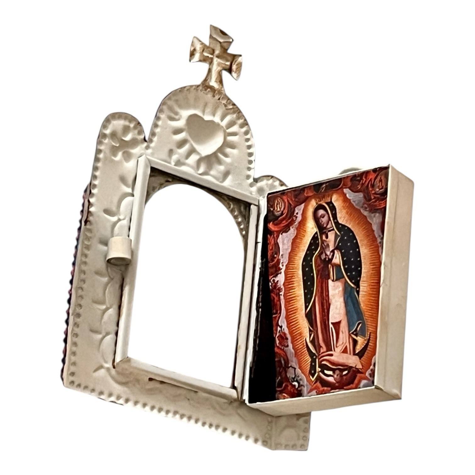 Small Church Nicho, Virgin Guadalupe Mexican Tin Heart Nicho Frame