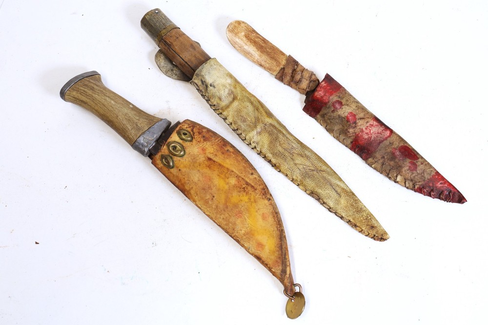Three Vintage Knives with Rawhide Parfleche Sheaths