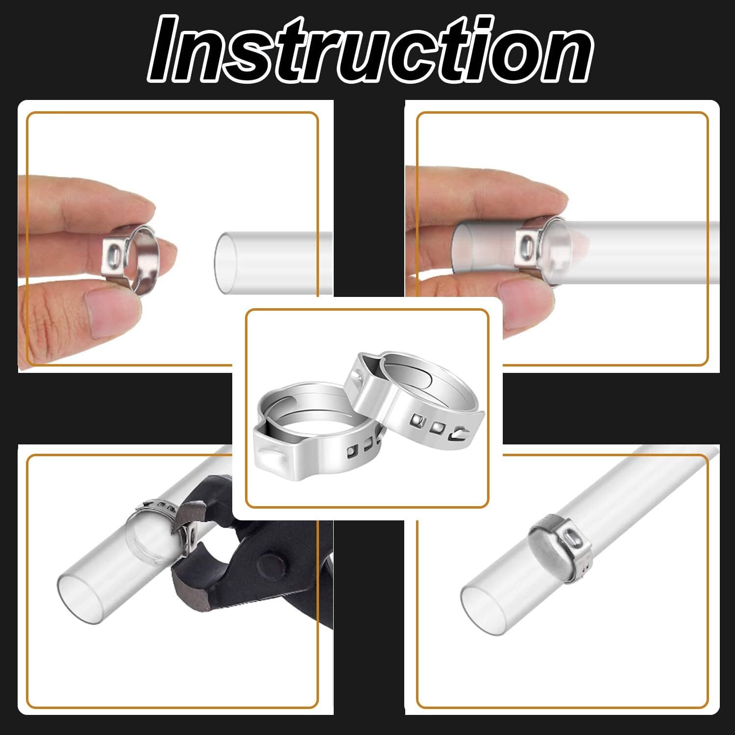 100pcs Hose Clamp Assorted Stainless Steel Ear Cinch Rings Crimp Pinch Set