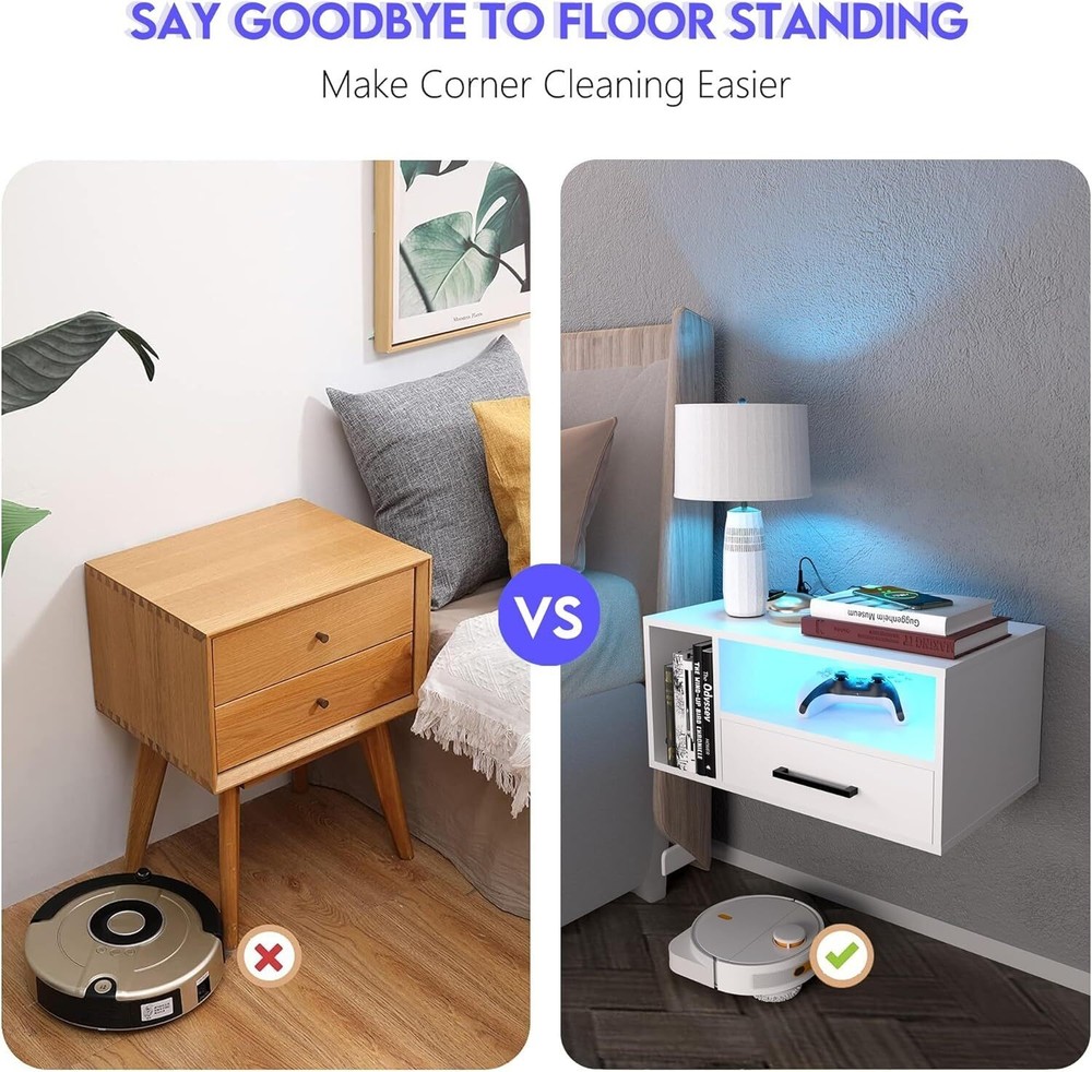 Floating Nightstand with Charging Station and LED Lights Floating Bedside Table