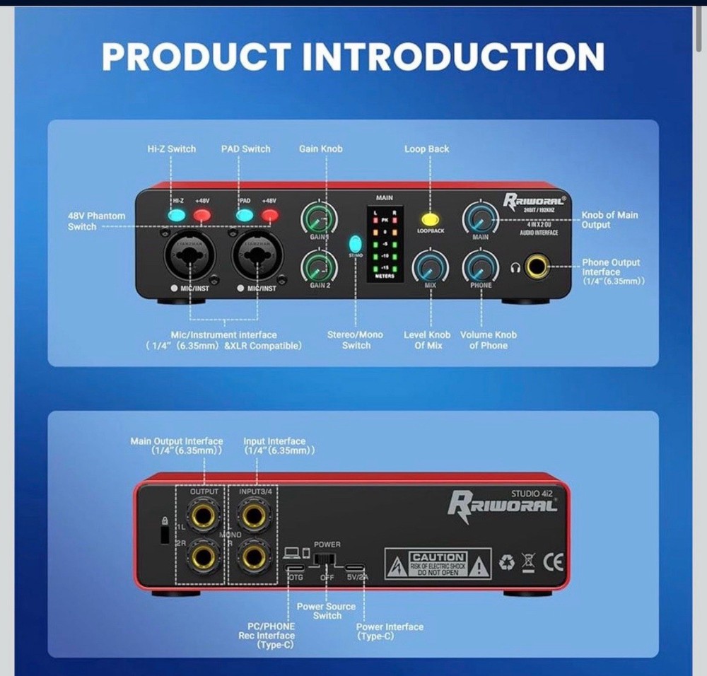 New! Bolanle Studio 2i2 Audio Interface 24-bit/192kHz, 2 Channel Portable USB