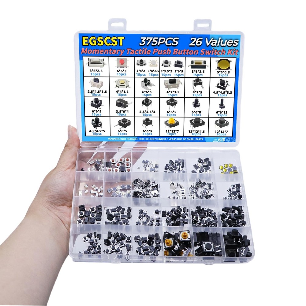 EGSCST 375PCS 26Values Micro Momentary Tactile Push Button Switch Assortment...