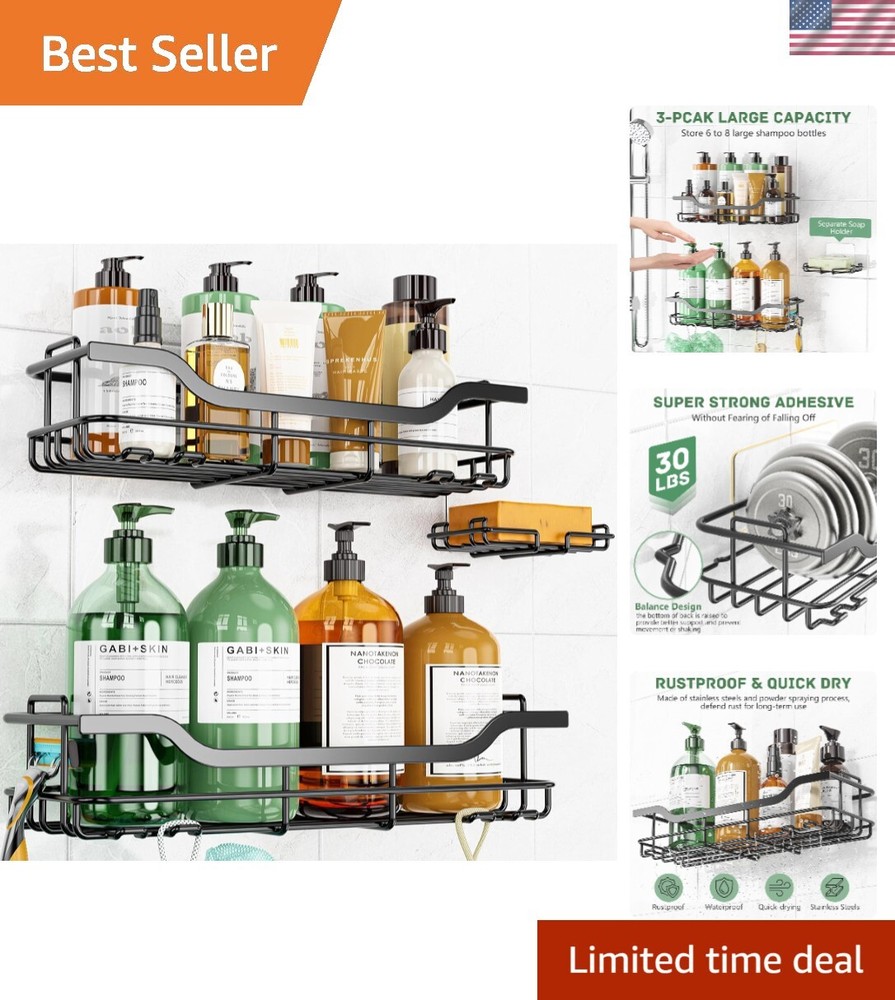 Versatile Rustproof Shower Caddy Set with Easy 2-Step Installation - BlackLarge