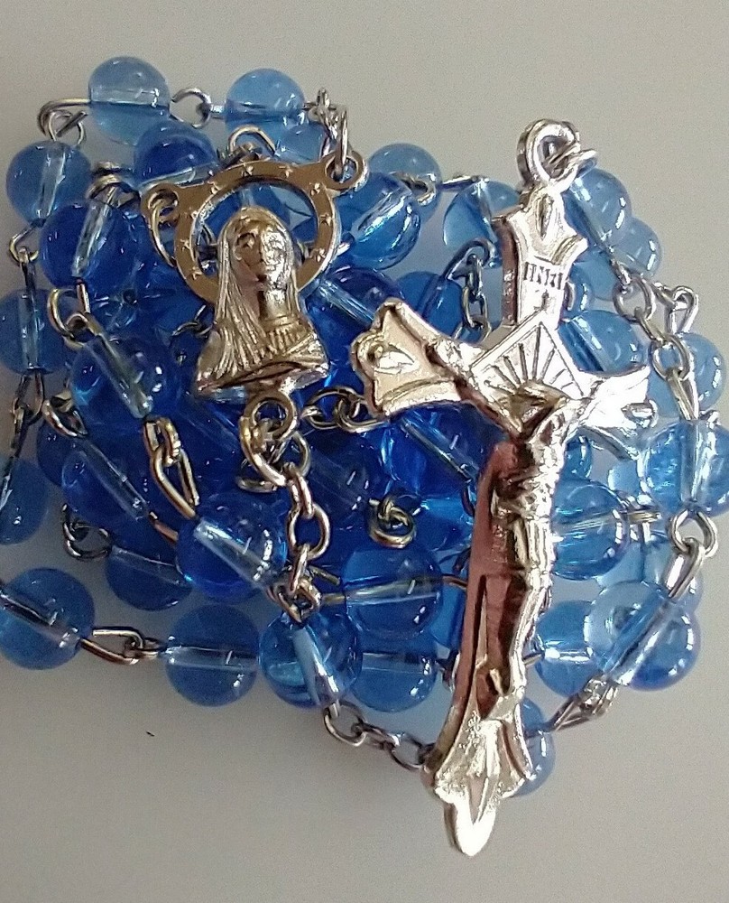 Catholic Blue Glass 5 Decade Rosary Silver Tone Crucifix