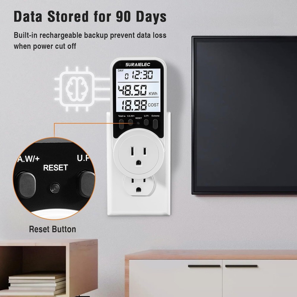 Watt Meter, Plug-in Socket Power Meter, 90V-250V Wide Range, Backlit Large Displ