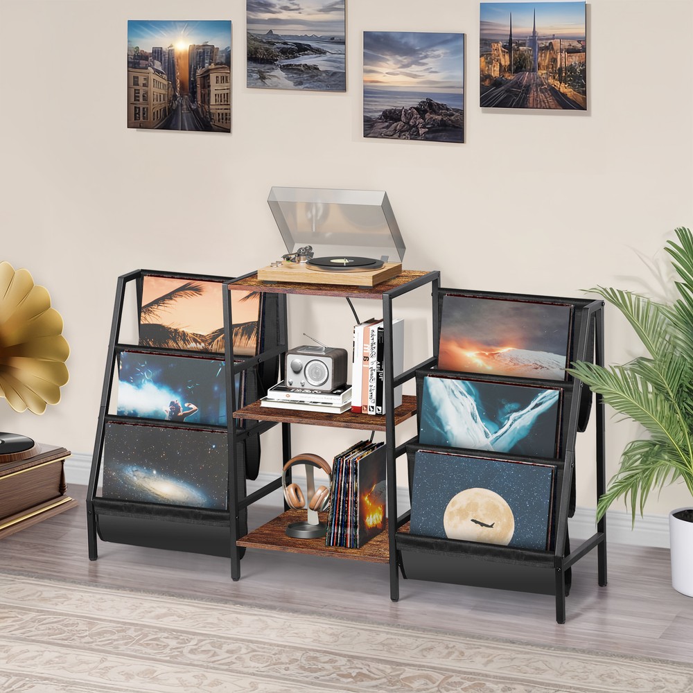Large Vintage Record Player Table Vinyl Display Shelf w/ Power Outlets & Socket
