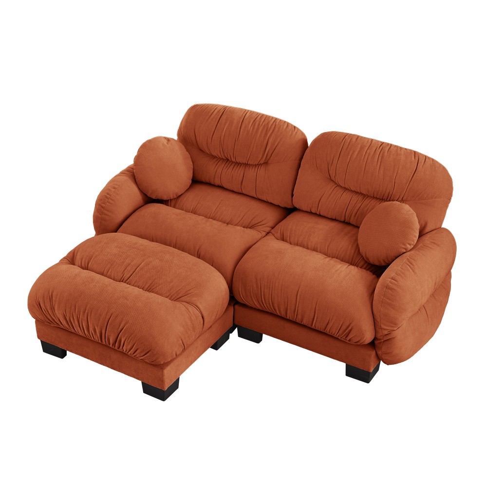 Orange L-Shape Sectional Sofa w/ Ottoman & Throw Pillows, Modular Chenille Couch
