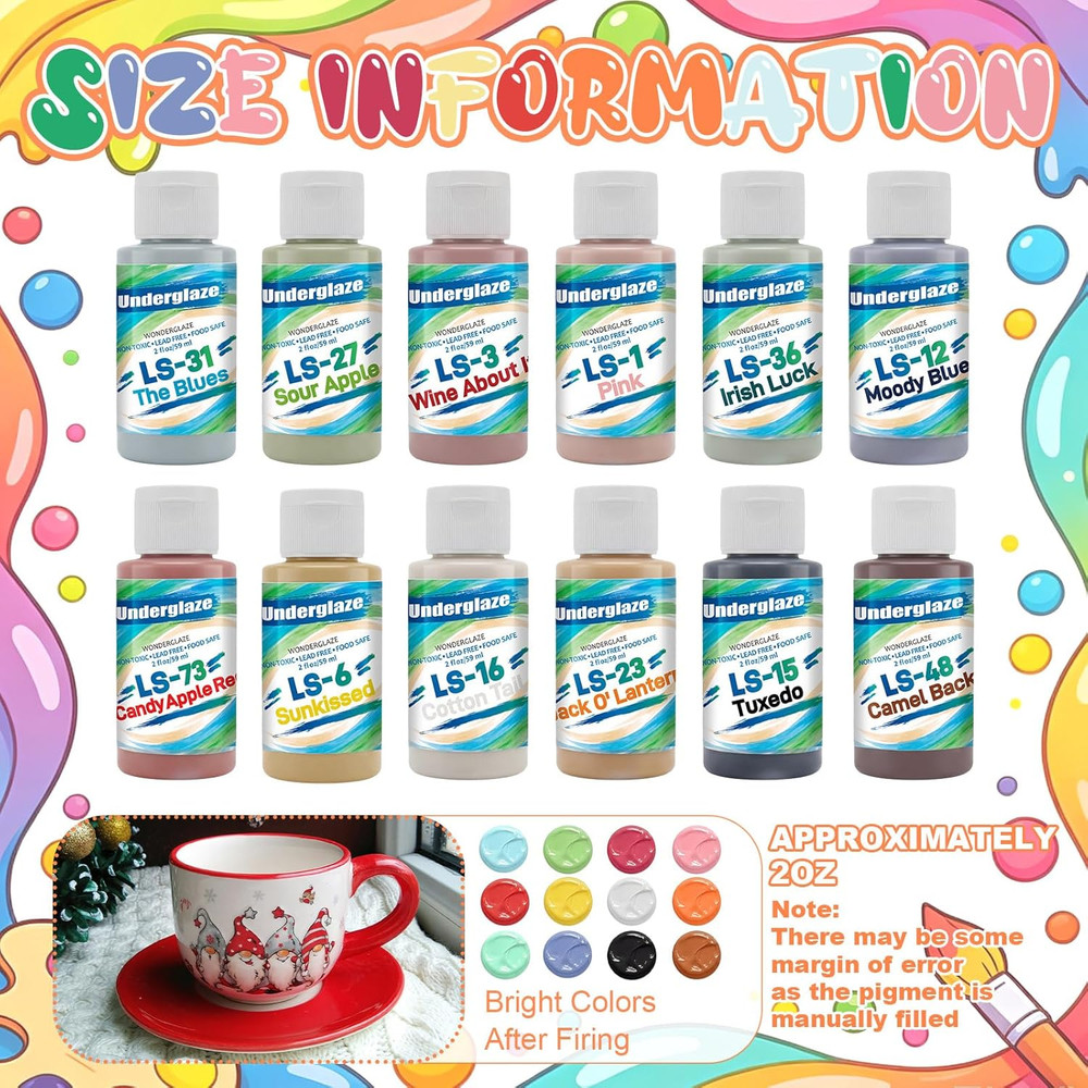 12 Assorted 2 Oz Underglaze Set Creative Ceramic Glaze Application Kit Glaze Cer