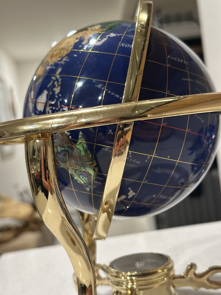 Blue Lapis Rotating Globe Precious Inlaid Stone Solid Brass w/ Compass