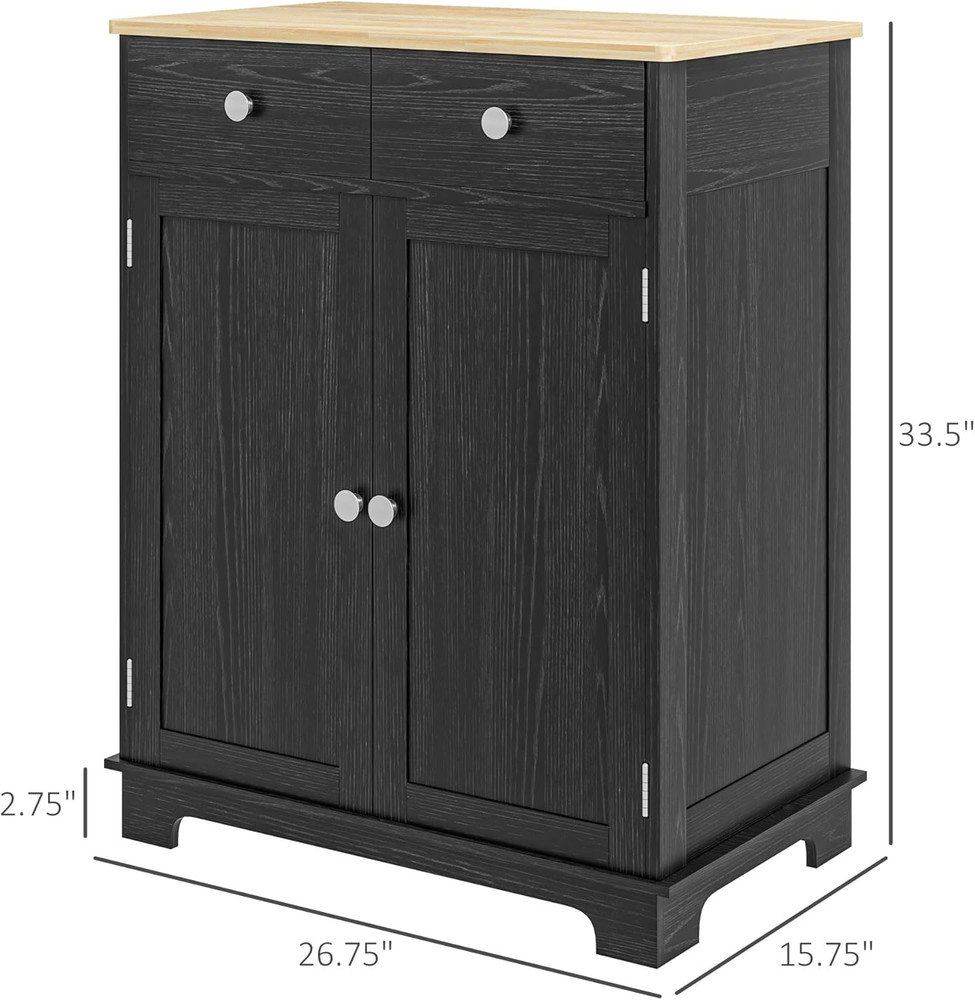 Modern Distressed Black Sideboard Buffet Cabinet with Solid Wood Top & Storage