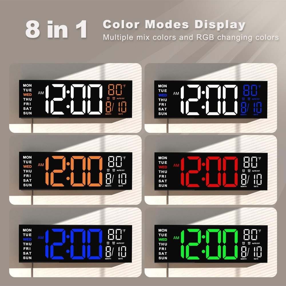 16" Large Digital Wall Mount Clock, Count Down Timer, Alarm, Big LED, RGB Col...