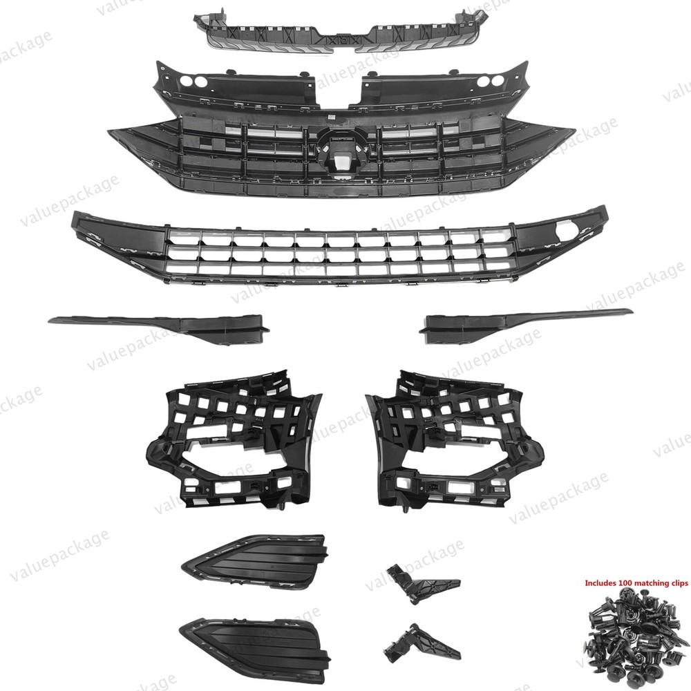 11PC For Jetta 2019-2021 Upper Lower Grille Mesh Bumper Retainer Support Bracket