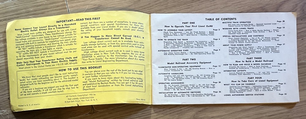 ORIGINAL 1952 INSTRUCTIONS FOR ASSEMBLING AND OPERATING LIONEL TRAINS