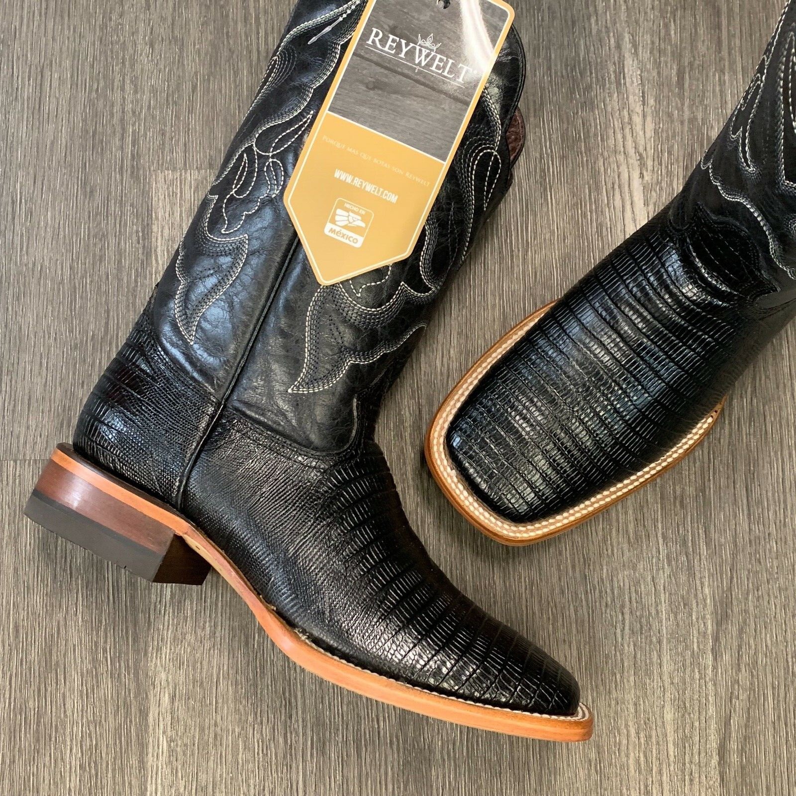 MEN'S RODEO COWBOY BOOTS LIZARD PRINT LEATHER WESTERN SQUARE TOE BLACK BOTAS