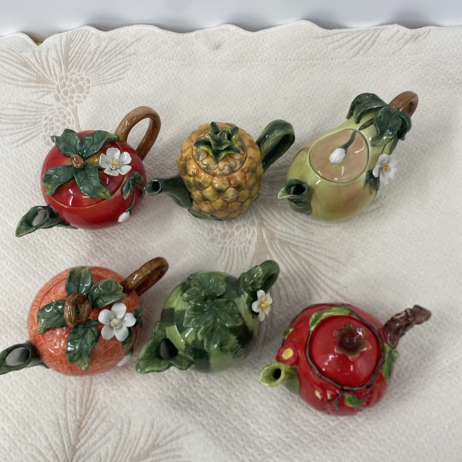 Vtg Lot 6 Ceramic Fruit Teapots: pair, Pineapple Peach Pomegranate & Watermelon