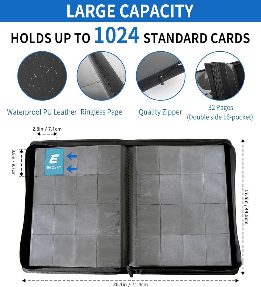 "Premium Ringless Trading Card Binder - 1000+ Capacity, 16 Side-Loading Pockets.