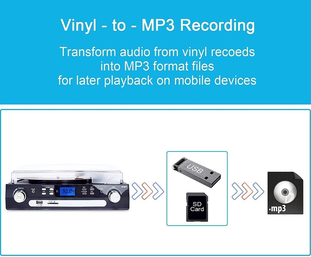 Tocadiscos Bluetooth Con Parlantes Estereo, Tocadiscos Para Vinilo A Mp