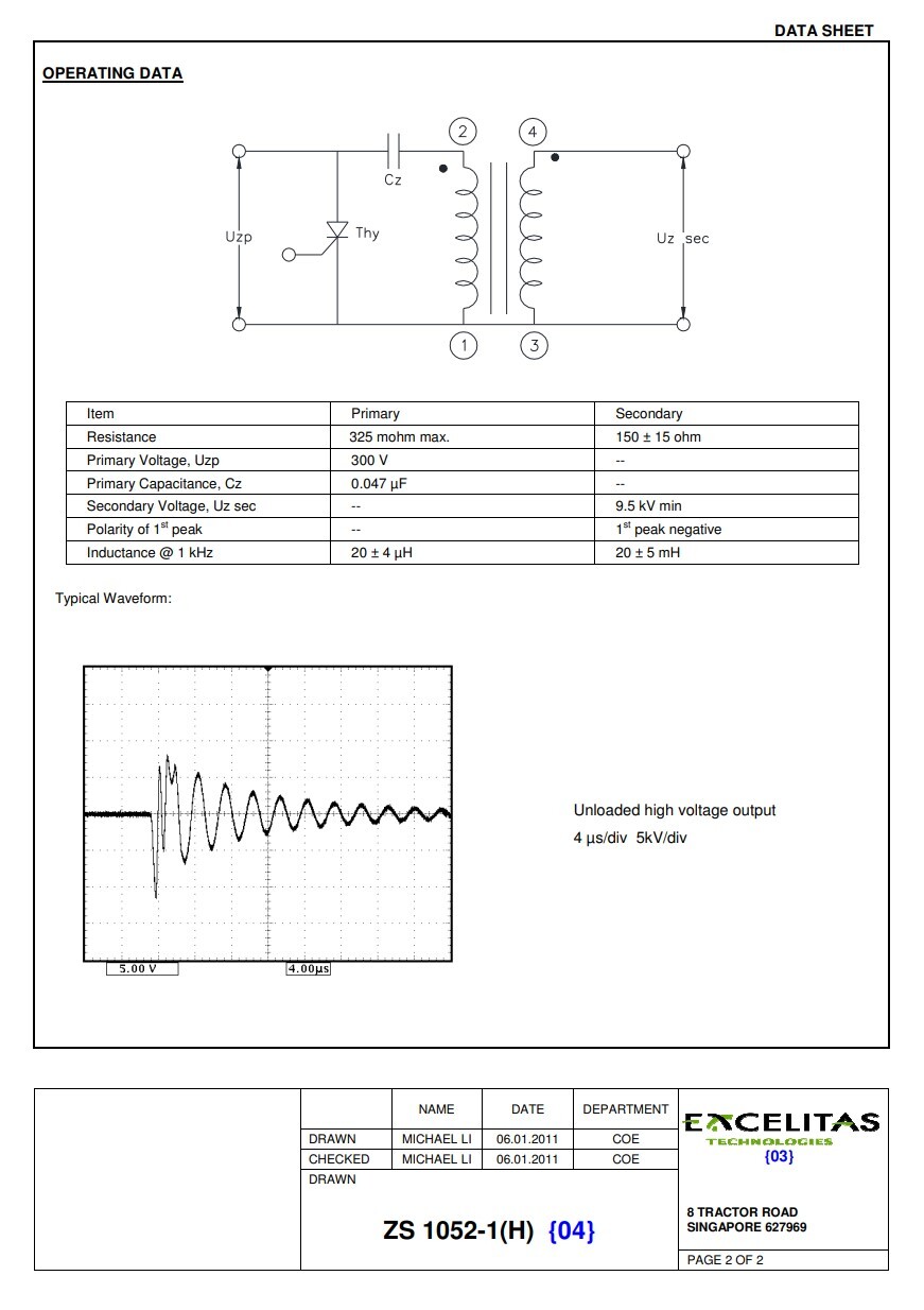 ZS 1052/1 EG&G Heimann External Trigger Coil Transformer 11kV 10mWs 1/2W NOS