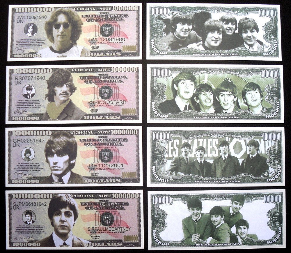 THE BEATLES FOUR-NOTE NOVELTY BILL SET: JOHN, PAUL, GEORGE, & RINGO - AAC BILLS!