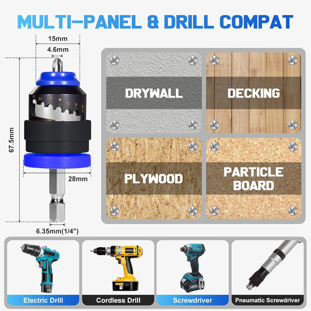 Adjustable Depth Drywall Screw Setter with Magnetic Holder and Bits