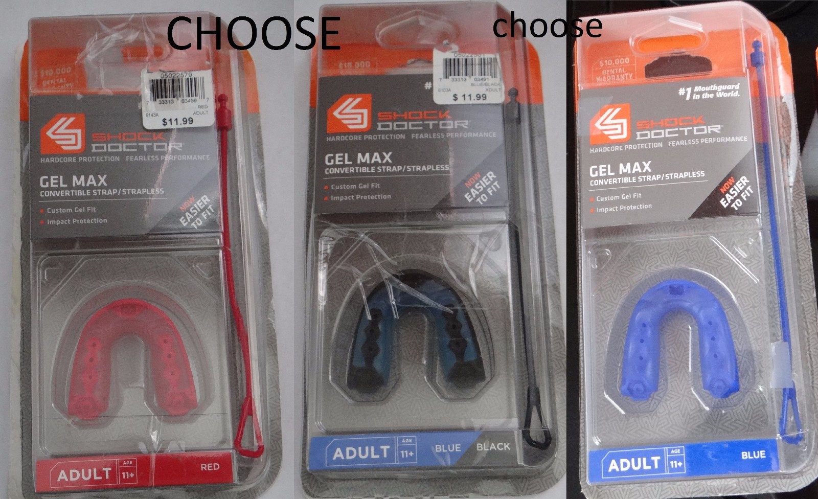 Shock Doctor red,pink or blue/black Gel Max Convertible Mouth Guard,ADULT 11+