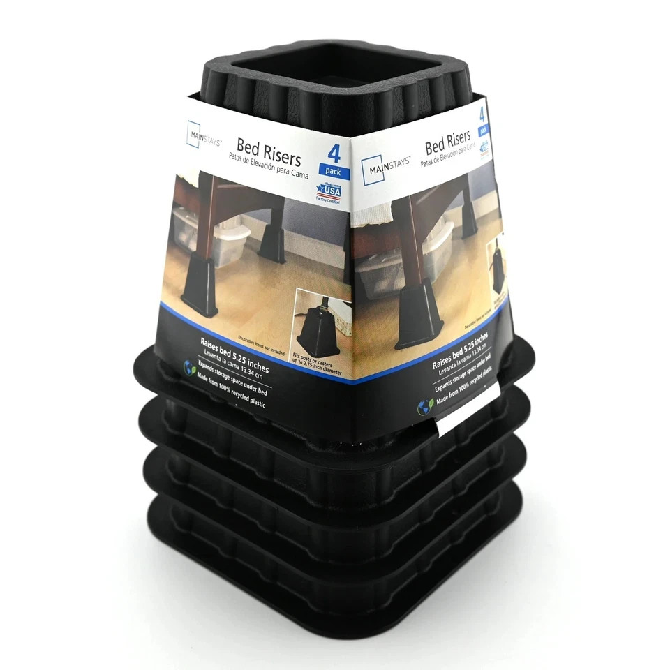 Mainstays Black Plastic Bed Risers, 4-Pack, Raises Bed for Storage
