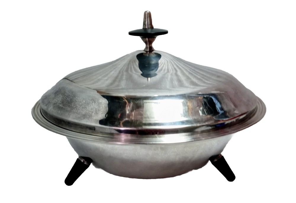 Vtg MCM F. B. Rogers Silver Plate Sputnik Atomic UFO Lidded Serving Dish 5844