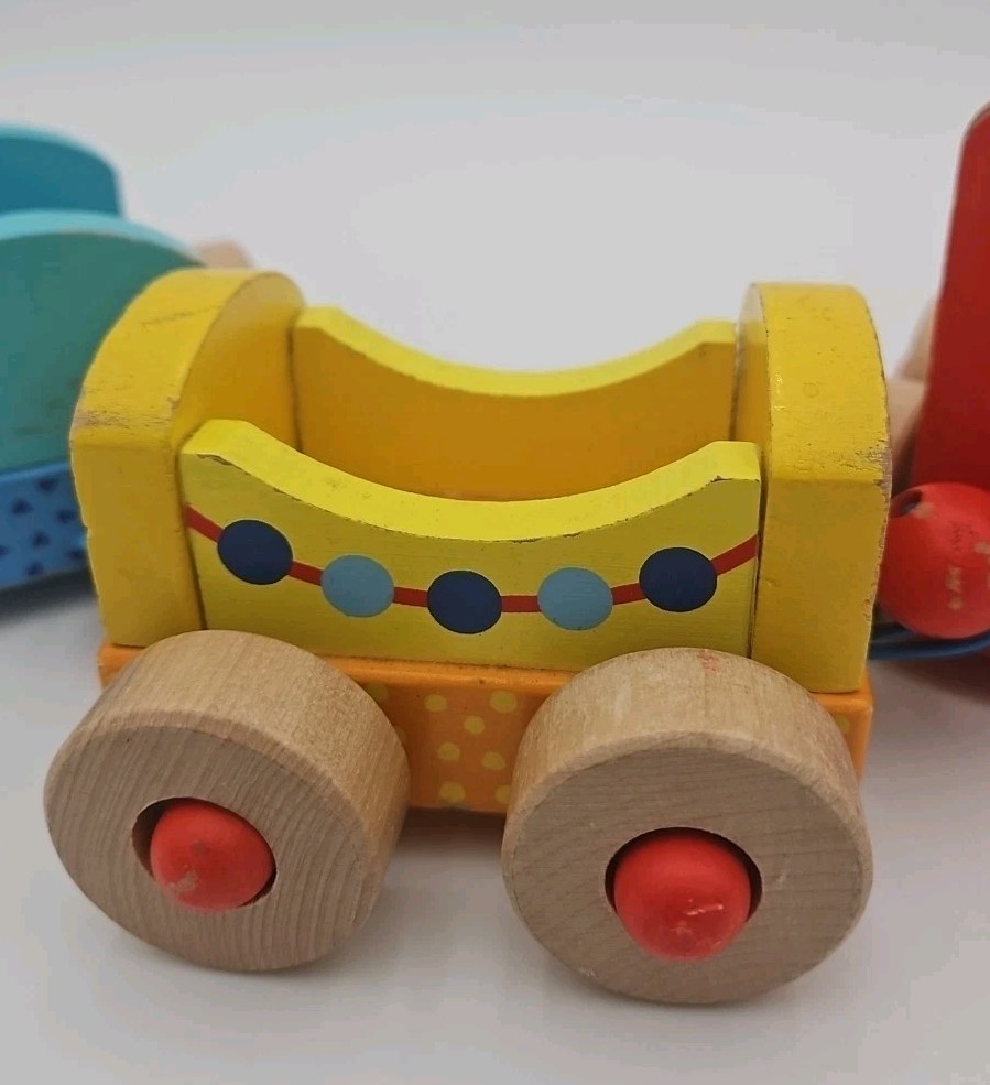 Goki Wooden Train Vintage With Pull String 3 Train Sections Red Yellow Blue 13"
