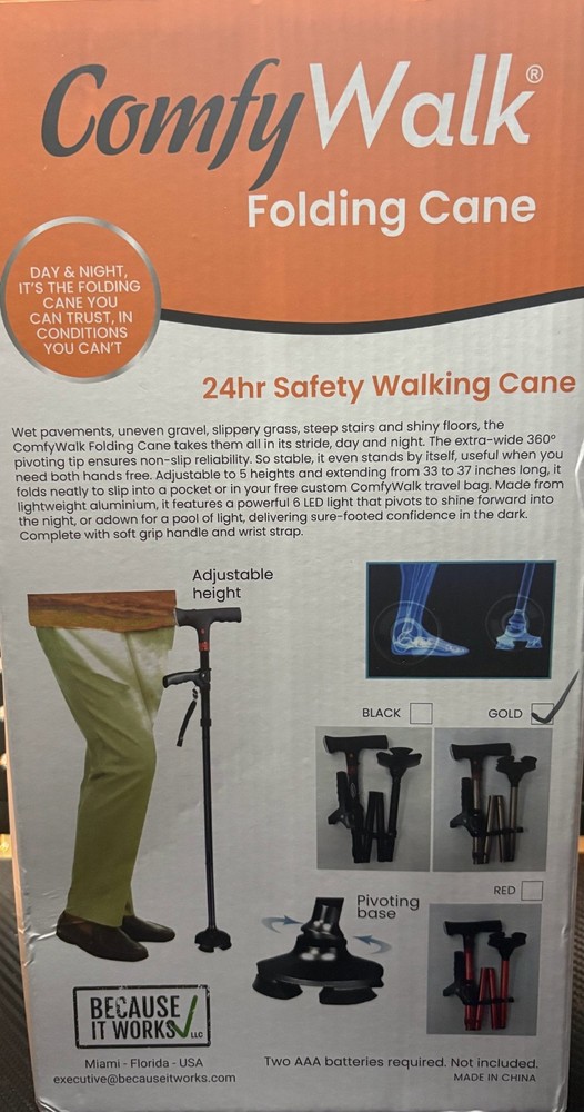 #ComfyWalk Folding Cane with Light, Alarm & OPTRON—Red