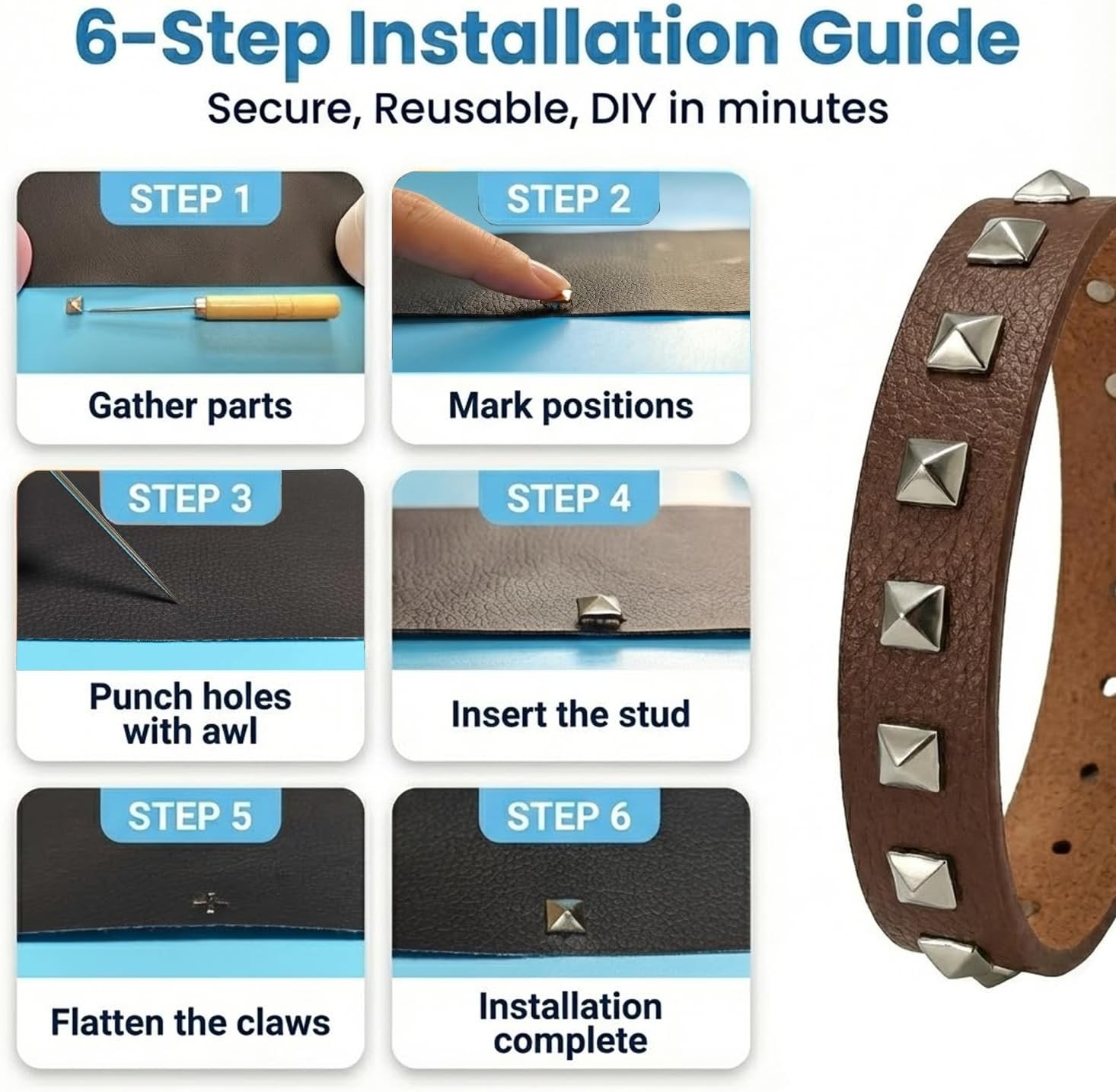 455PCS Punk Spikes and Studs Kit for Clothing, 12 Sizes Premium Metal Cone Spike