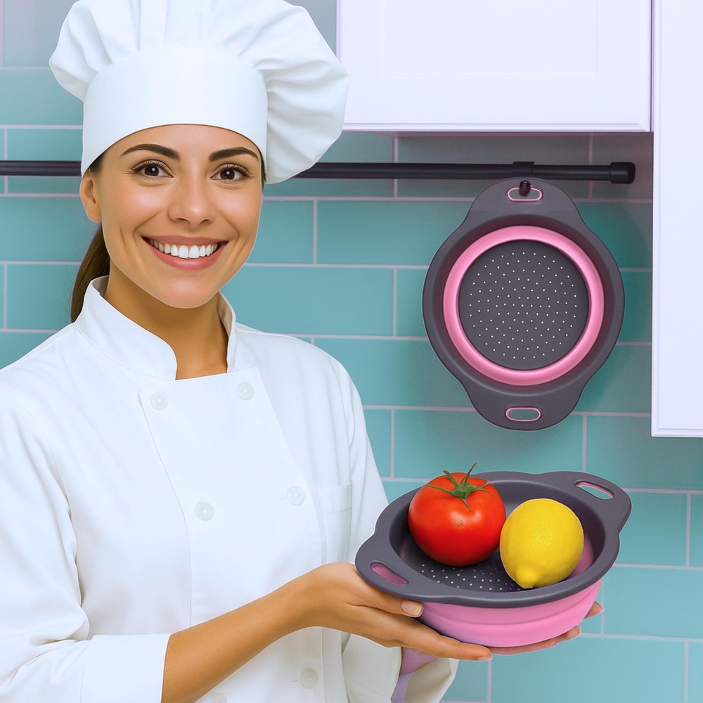 Pink Round Silicone Collapsible Kitchen Colander Plastic Handle Strainer