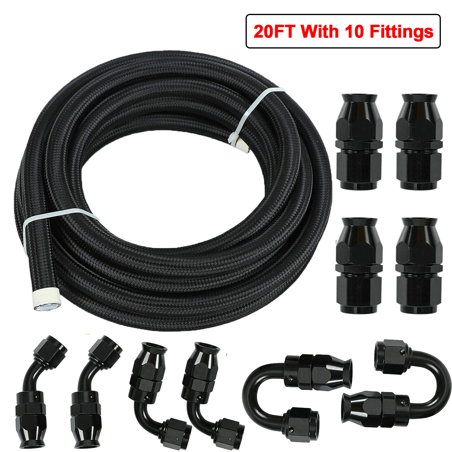 4AN-6AN-8AN-10AN Nylon Braided PTFE Fuel Line 10FT 20FT with 20 Fitting Hose Kit