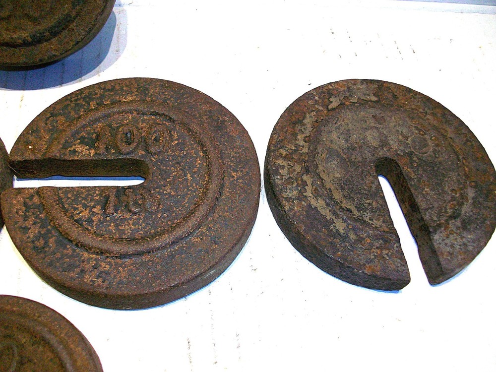 6 Vintage Cast Iron Platform Scale Weights