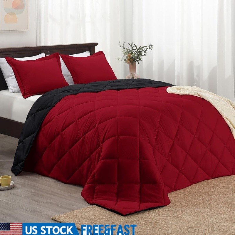 Red Comforter Set Queen Soft Lightweight Bedding Pillow Shams Machine Washable