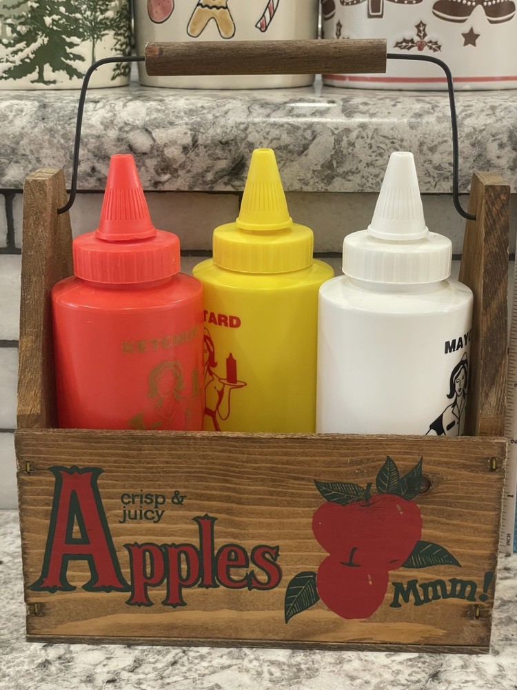 Condiment Wooden Holder w/ 3 Plastic Squeeze Bottles,