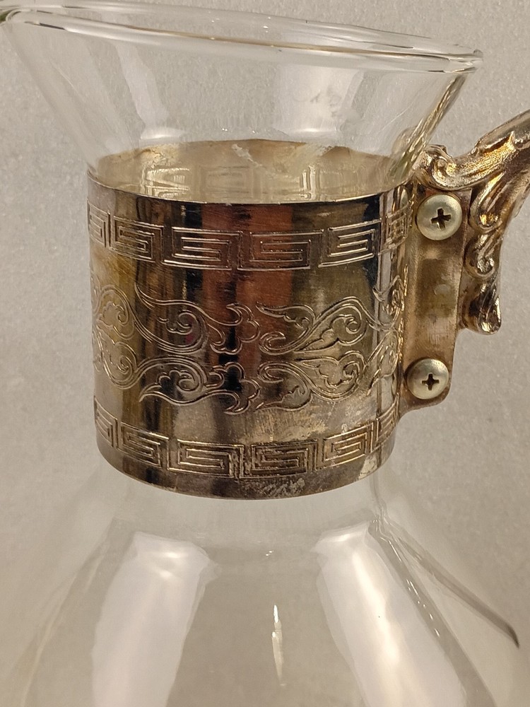 Clear Glass Pitcher With Silver Collar And Handle Vintage Decorative...