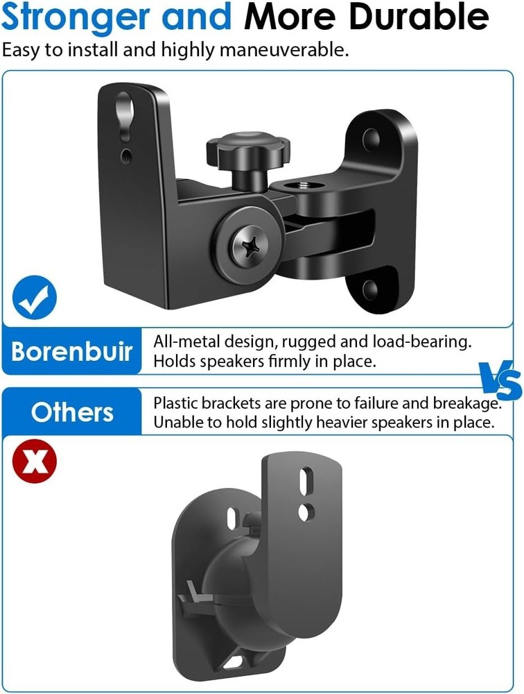 2-Pack Universal Speaker Wall Mounts - Heavy Duty Tilt Swivel Bookshelf Brackets