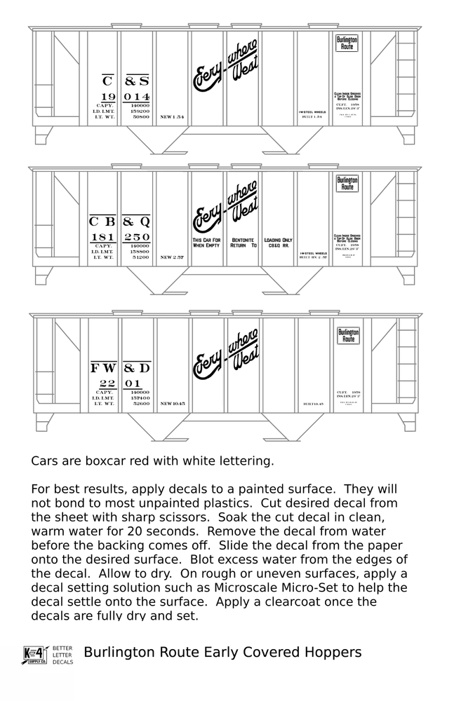 K4 HO Scale Decals Burlington CB&Q Two Bay Covered Hopper White Script Lettering