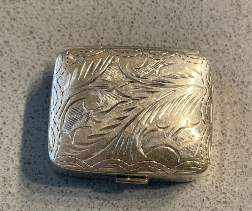 Vintage Engraved Sterling Silver Rectangle Pill Box
