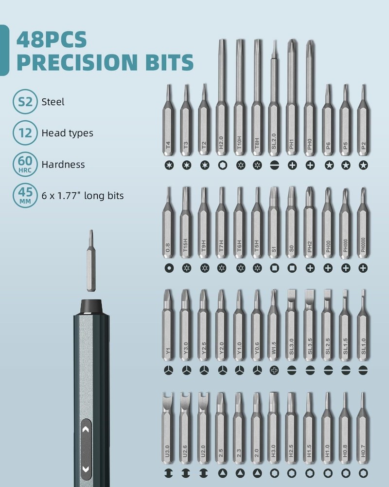 Mini Electric Screwdriver with Pop-Up Storage & 48 S2 Bits for Electronics
